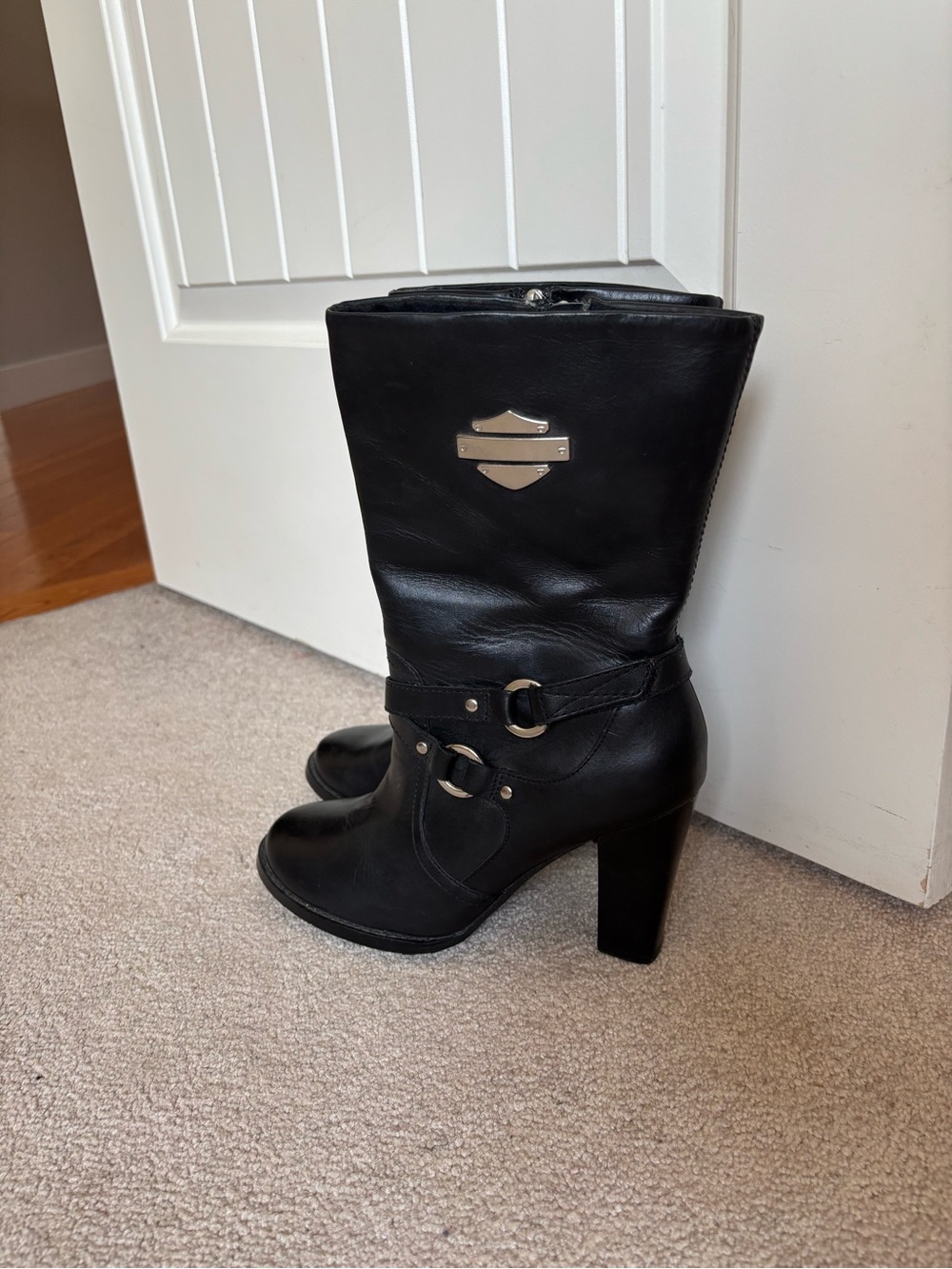 Harley-Davidson Black Leather Mid-Calf Heeled Moto Boots Size 7.5 Biker Rocker